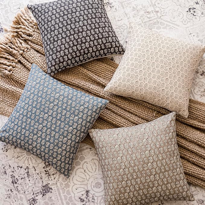 Foindtower Set of 2 Decorative Neutral Floral Print Throw Pillow Covers Vintage Accent Farmhouse Cushion Covers Boho Home Decor for Sofa Chair Couch Bedroom Living Room Outdoor,18×18 Inch,Dusty Blue