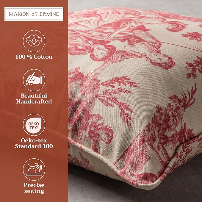 Maison d' Hermine Decorative Pillow Covers 20x20 Inch Square 100% Cotton Throw Pillow Covers with Invisible Zipper Cushion Case for Living Room Couch, Chair, Sofas, Bedroom, Home (The Miller - Red)