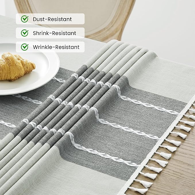 puredown® Rustic Rectangle Tablecloth, Waterproof Cotton Linen Tablecloth with Tassel, Wrinkle Free Farmhouse Table Cloths for Kitchen Dining Outdoor, 55"x70",4-6 Seats, Gray