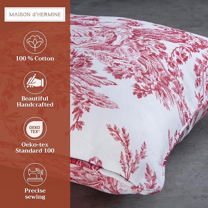 Maison d' Hermine Decorative Pillow Covers 18 x 18 Inch Square 100% Cotton Throw Pillow Covers with Invisible Zipper for Living Room Couch, Chair, Sofas, Bedroom, Home (The Miller - Red (White))