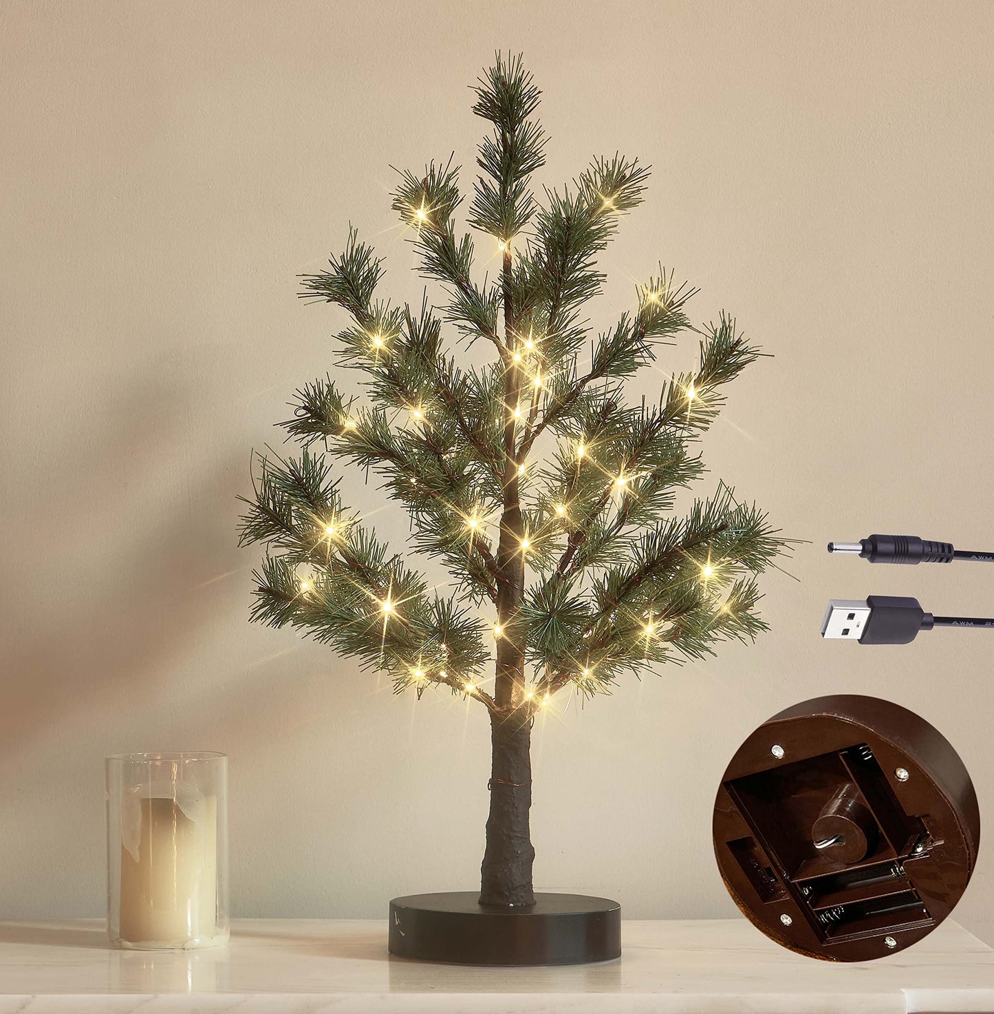 LITBLOOM Lighted Christmas Pine Tree 60 Fairy Lights Battery Operated or USB Plug in with Timer 18IN for Home and Holiday Decoration
