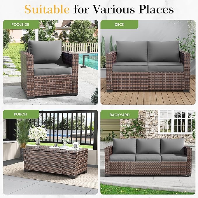 Amopatio Patio Couch, 2-Seat Outdoor Furniture, Wicker Porch Furniture Outdoor Couch Sofa with Water-Resistant Cover & Non-Slip Cushions, Premium Patio Set, Grey