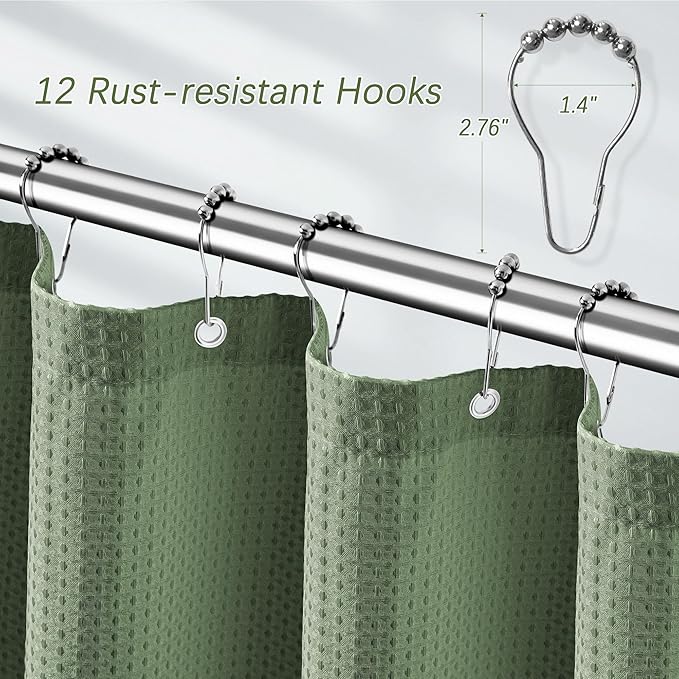 Waterproof Fabric Shower Curtain Extra Long Waffle Weave Heavy Duty Bathroom Shower Curtain Set, 256GSM Weighted Thick Shower Curtain with 12 Rust-Resistant Hooks,72Wx84H Sage Green
