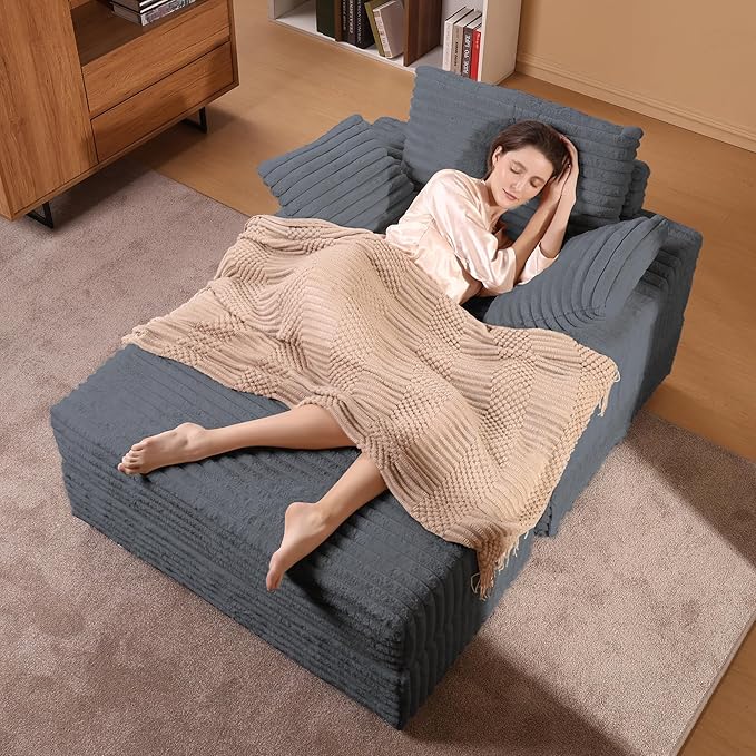 Garvee Grey Oversized Chaise Lounge Chair Indoor with Storage Ottoman, Upholstered Corduroy Sofa Bed Cloud Couch with 3 Pillows, Single Sleeper Sofa Chair for Living Room, Bedroom