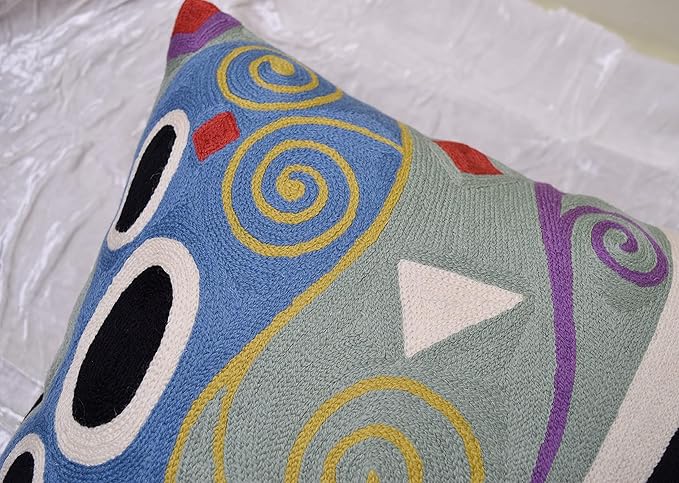 Klimt Blue Marine Modern Pillow Cover | Contemporary Chair Cushion | Modern Blue Sofa Pillowcase | Modern Outdoor Pillows | Mid Century Chair Cushions | Hand Embroidered | Wool Size 18x18