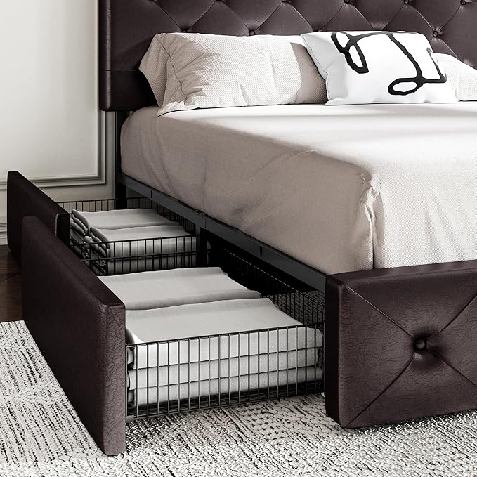 MUTICOR Full Size Bed Frame with 4 Storage Drawers, Upholstered Platform Bed with Button Tufted Adjustable Headboard, No Box Spring Needed, Easy Assembly, Diamond Tufted, Brown Leather