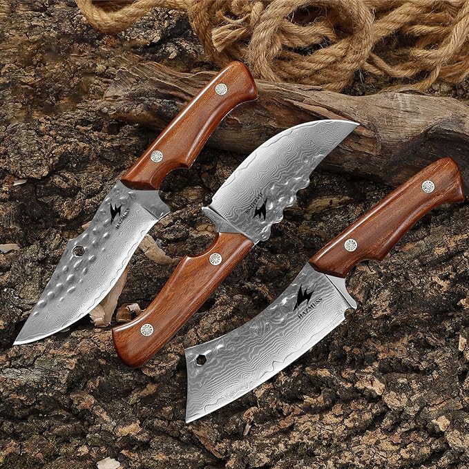 Meat Cleaver with Leather Sheath, Hand Forged Kitchen Utility Knife, 4.3" - Damascus Steel Blade for Cutting Meat, BBQ Brisket Knives for Home Outdoor Camping, Full Tang