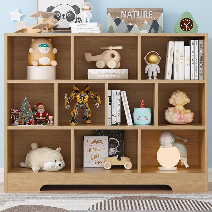 Kids Book Shelf Set of 2, 10 Cubes Storage Organizer Montessori Bookshelf, 3-Tier Wooden Kids Bookcase, Toy Storage Organizer for Children, Wooden Toddler Bookshelf Cube Shelf for Kid’s Room