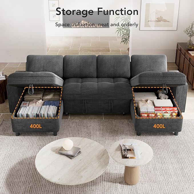 Vipbear Sleeper Sectional Sofa, 105" U Shaped Couch with Pull Out Bed, Convertible Chenille Cloud Sofa with Reclining Backrest | Double Storage Chaise | USB Ports | Tool-Free Assembly | Grey