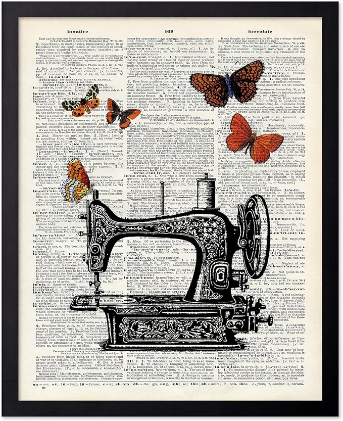 Poster Master Dictionary Art Poster - Sewing Machine Print - Sewing Art - Butterfly Art - Gift for Men, Women & Dressmaker - Chic Decor for Living Room, Bedroom or Office, 8x10 Black Framed