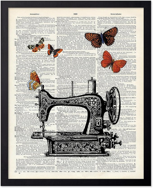 Poster Master Dictionary Art Poster - Sewing Machine Print - Sewing Art - Butterfly Art - Gift for Men, Women & Dressmaker - Chic Decor for Living Room, Bedroom or Office, 8x10 Black Framed