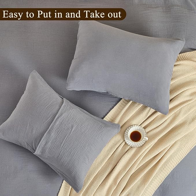 MEISHANG Muslin Duvet Cover Queen Size - 100% Organic Cotton, Soft Textured Gauze Weave Comforter Cover for Breathable All-Season with Zipper Closure - 3 Piece Set (Queen, Dark Grey)