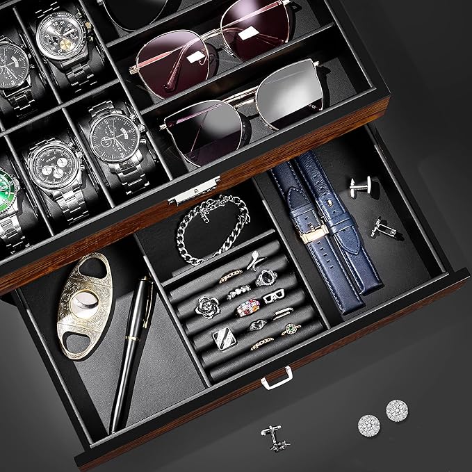 BEWISHOME High-End Watch Box, 6-Slot Watch Case and 3 Glasses Case, 2-Layer Wooden Mens Jewelry Box with Large Glass Lid, Luxury Watch Display Case for Men Watch Storage, PU Leather Interior, Brown