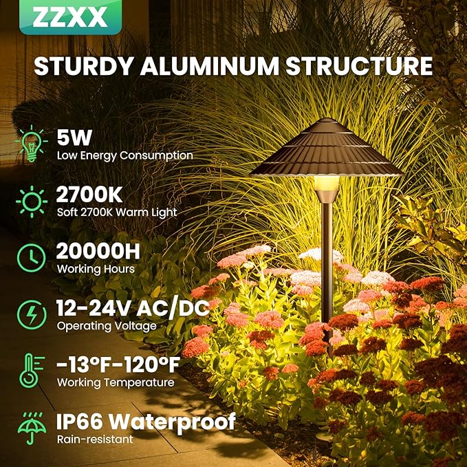 ZZXX Low Voltage Pathway Lights 5W Landscape Lighting Cast-Aluminum Waterproof 2700K LED Landscape Lights 12-24V Landscape Path Lights Low Voltage for Yard Garden Walkway,4 Pack