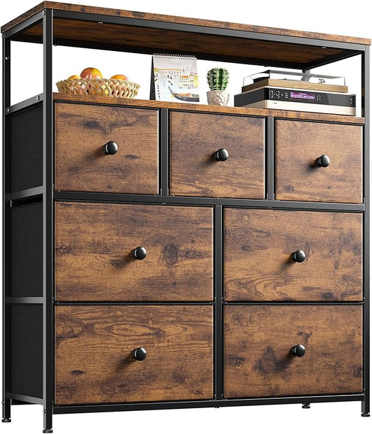 EnHomee Tv Stand for Bedroom with 7 Fabric Dressers and 2 Shelves，Dressers & Chests of Drawers for Closet，Hallway，Entryway，Dormitory，Clothes Storage，Rustic Brown