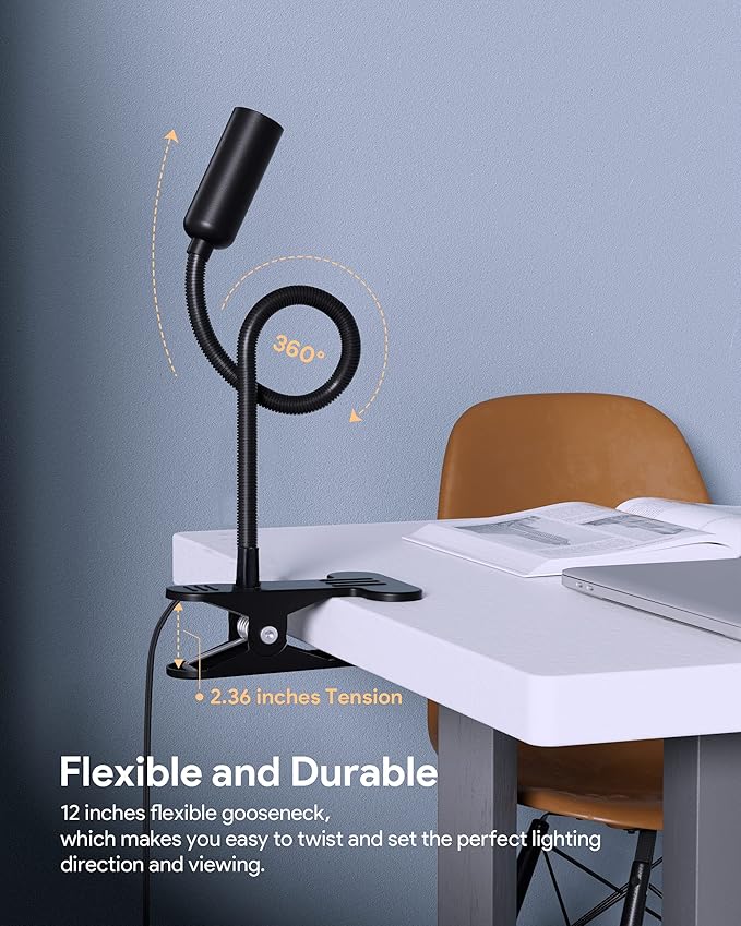 JHD Led Desk Lamp with Clamp - 10 Brightness Levels, 12" Flexible Gooseneck,Eye Protection USB Lamp - Suitable for Home Office, Reading, Bed Light,Quality Black Metal Clamp Light,Headboard Lamp