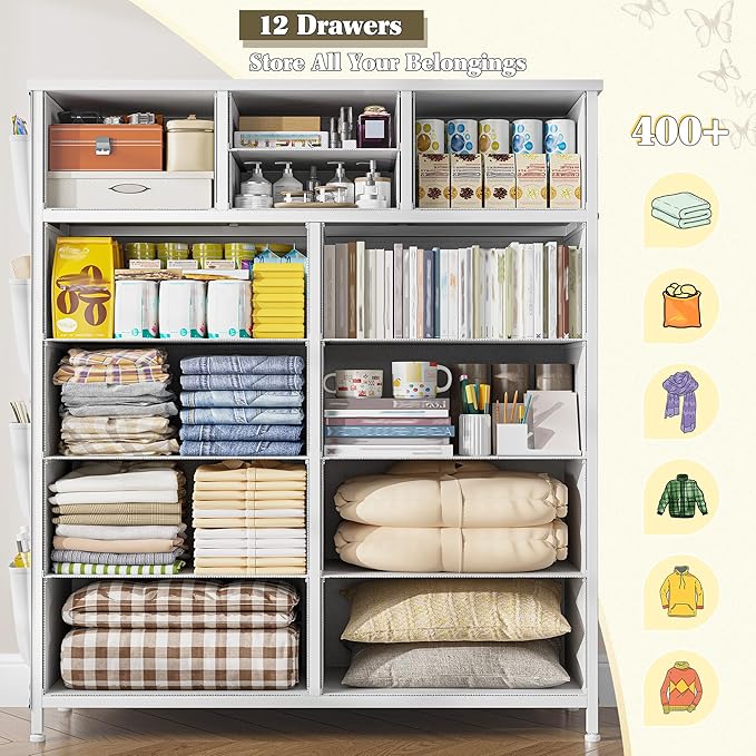 EnHomee Dresser for Bedroom with 12 Drawers, Tall Dressers & Chest of Drawers with Side Pockets, Fabric Dresser for Bedroom, Closet, Hallway, Living Room, Sturdy Metal Frame, Wood Top, White