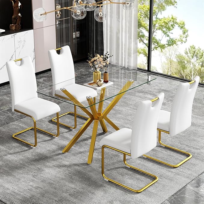 47'' Modern Glass Dining Table for 2-4 People, Rectangular Dining Room Table with Gold Metal Legs, Clear Tempered Glass Top Dining Table for 4, Gold Dining Kitchen Table for 4