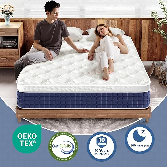 12 Inch Hybrid Queen Mattress in a Box, Gel Memory Foam, Individually Wrapped Springs, Medium Firm, Edge Support, Motion Isolation, Pressure Relief, CertiPUR-US Certified, Blue & White