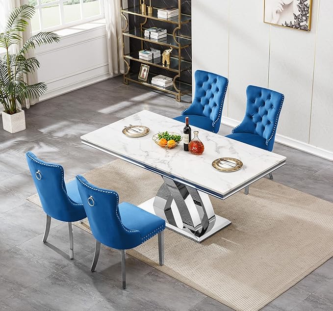 Modern White Marble Dining Table Set for 4,5-Piece Kitchen Table and Chairs for 4,Luxury Silver Dining Room Table Set w/68" Rectangle Dinner Table & 4 Blue Velvet Chairs for Kitchen Dining Room