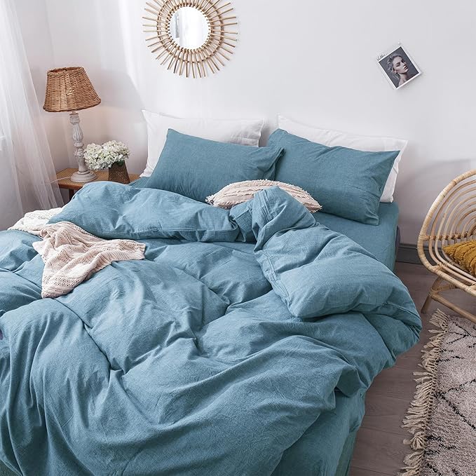 MooMee Bedding Duvet Cover Set 100% Washed Cotton Linen Like Textured Breathable Durable Soft Comfy (Heathered Peacock Blue, Oversized Queen 98"x98")