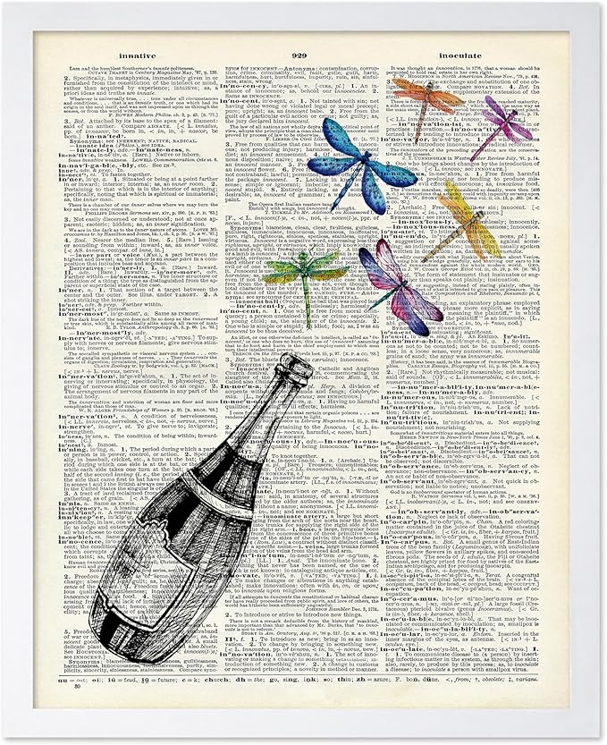 Poster Master Dictionary Art Poster - Champagne Bottle Print - Dragonfly Art - Alcohol Art - Gift for Men, Women & Bartender - Great Decor for Bar, Kitchen or Restaurant, 11x14 White Framed