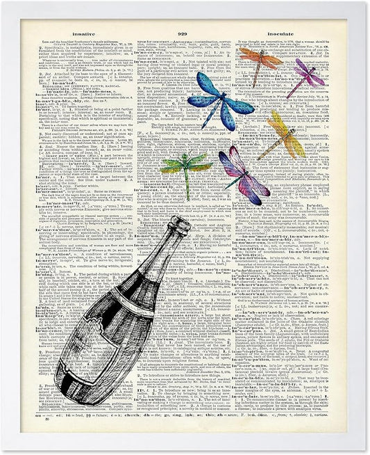 Poster Master Dictionary Art Poster - Champagne Bottle Print - Dragonfly Art - Alcohol Art - Gift for Men, Women & Bartender - Great Decor for Bar, Kitchen or Restaurant, 11x14 White Framed