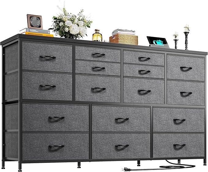 Dresser for Bedroom with 16 Fabric Drawers Long Dresser with Charging Station TV Stand for 60" TV Dressers & Chest of Drawers for Bedroom, Living Room, Closet, Grey