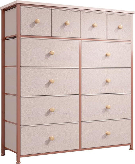Dresser for Bedroom with 12 Drawers Tall Dressers for Bedroom Fabric Dressers & Chest of Drawers with Sturdy Metal Frame, Wood Top, for Woman, Closet, 40.6" W x 11.8" D x 44.5" H (Pink)