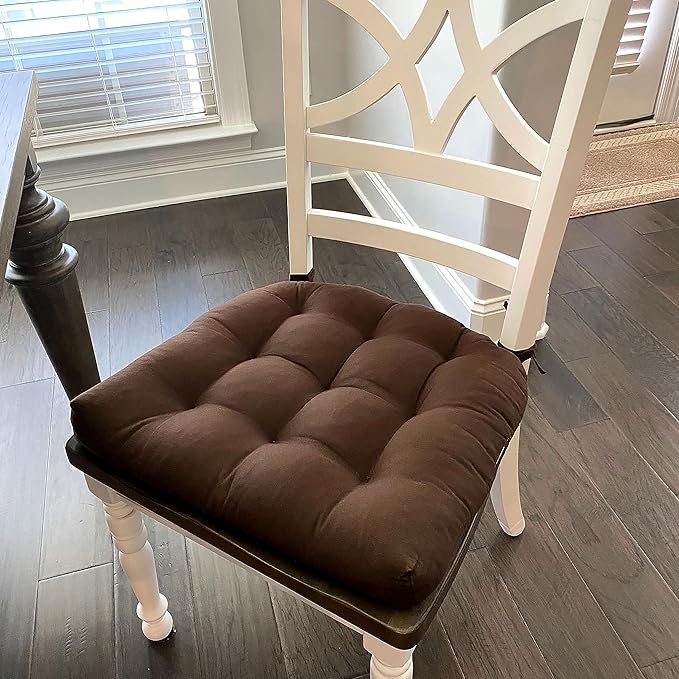 Barnett Home Decor Cotton Duck Brown Dining Chair Pad with Ties - 15 x 17 Size Small Chair Cushion - Latex Foam Fill - Machine Washable, Reversible, Solid Color, 100% Cotton, Made in USA