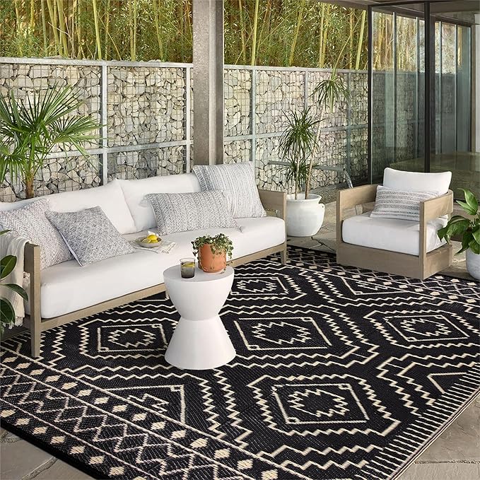 Wonnitar 8x10 Outdoor Rug, Large Waterproof Reversible Plastic Straw Rug for Patios, Indoor/Outdoor Area Rug Lightweight Camping Rug for Outside RV Balcony Garden Deck (Black & Beige,8'x10')