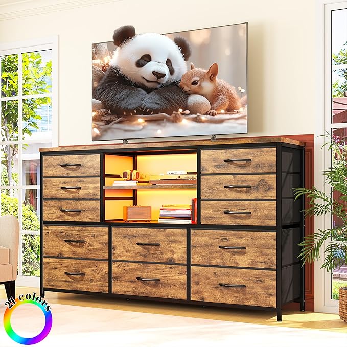 Dresser with LED Lights & Power Outlets, 12 Drawers Dresser TV Stand for 60''TV for Bedroom Fabric Dressers & Chest of Drawers, Sturdy Metal Frame for Closet, Living Room,Hallway, Rustic Brown