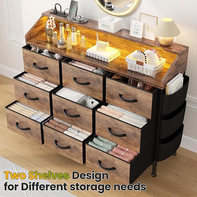 Lulive Brown Dresser for Bedroom 9 Drawers - Fabric Dressers for Bedroom with LED Light & Charging Station