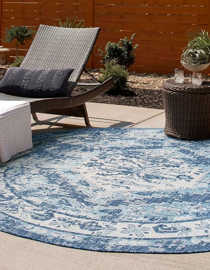 Unique Loom Outdoor Traditional Collection Area Rug - Valeria (5' 3" Round, Blue/ Ivory)