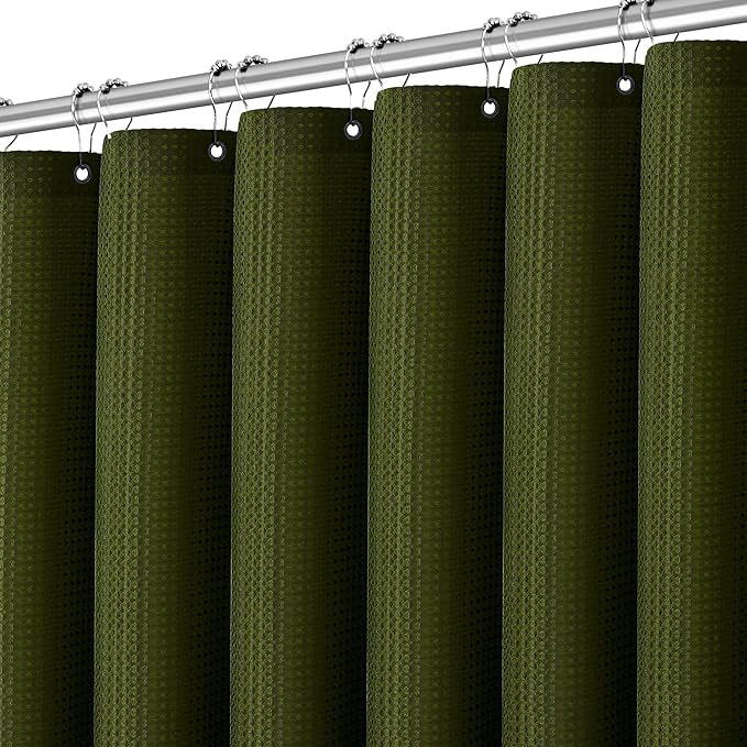 Extra Long Dark Green Waffle Shower Curtain, Heavy Duty 256GSM Fabric Curtains with Weave Hotel Quality Bathroom Curtains, 72 x 84 Inches