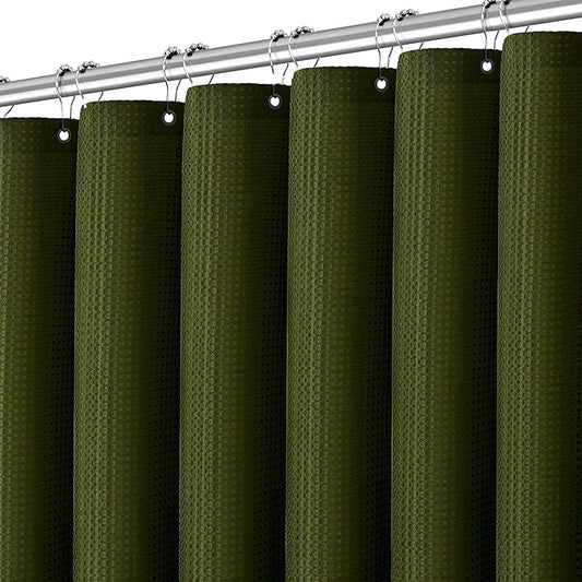 Extra Long Dark Green Waffle Shower Curtain, Heavy Duty 256GSM Fabric Curtains with Weave Hotel Quality Bathroom Curtains, 72 x 84 Inches