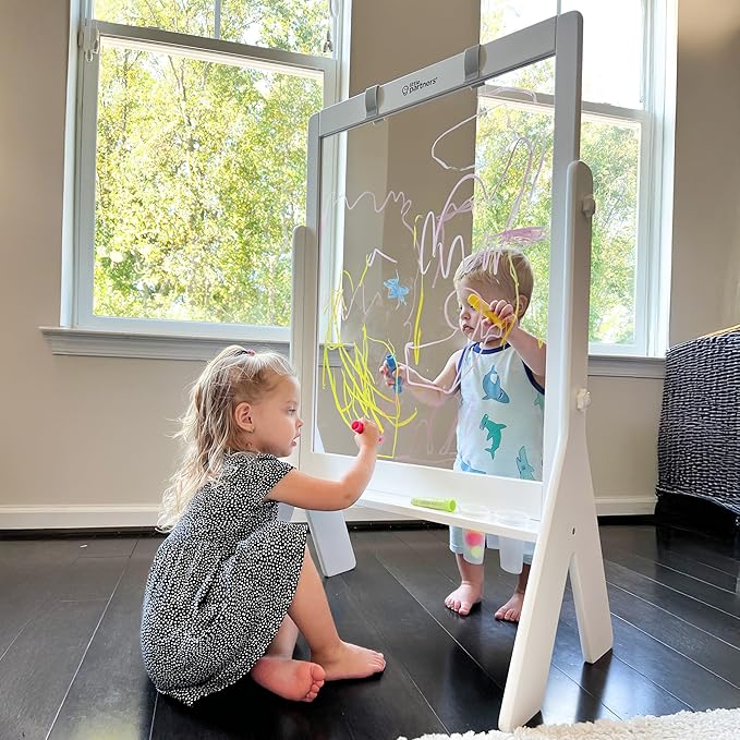 Little Partners Peek-A-Boo Art Toddler Easel, Children's Two-Sided Adjustable Height Clear Acrylic Paint Station for Kids with Built-in Storage, Eraser, Paint Containers (White)