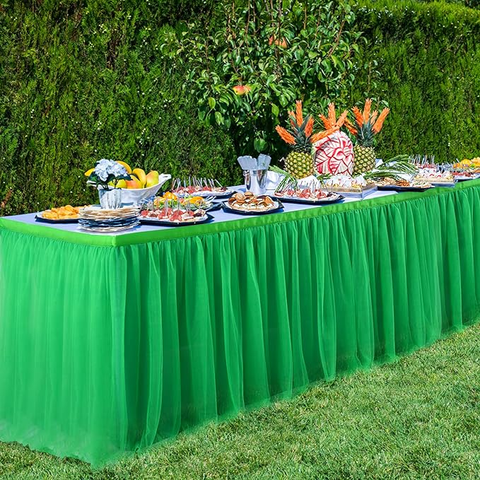 14ft Green Table Skirt Tulle Tutu Table Clothes for Birthday Boy Girl Baby Shower Gender Neutral Graduation, Hawaiian Jungle Luau Themed Party, Animal Safari Theme Party Decorations