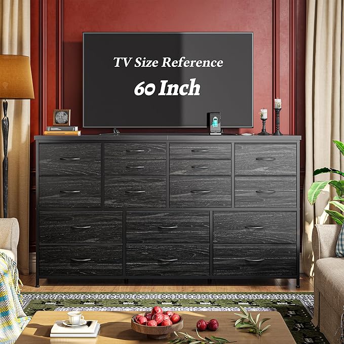 Dresser for Bedroom with 16 Fabric Drawers Long Dresser with Charging Station TV Stand for 60" TV Dressers & Chest of Drawers for Bedroom, Living Room, Closet, Black
