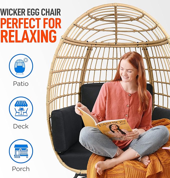 SereneLife Jovial Wicker Rattan Egg Chair,Indoor Outdoor Black Sofa Chair for Patio Backyard and Living Room with 4 Cushions and Powder Coated Steel Frame,Woven Texture Contemporary Ribbed Back Design