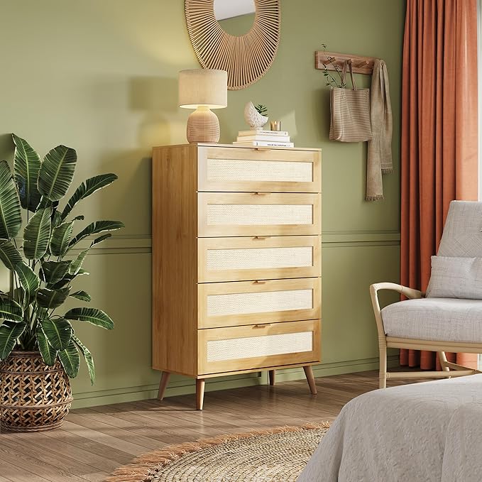WLIVE Rattan Dresser for Bedroom, 5 Drawer Wood Boho Dresser Storage with Gold Metal Handle, Chest of Drawers for Living Room, Closet, Hallway, Light Oak