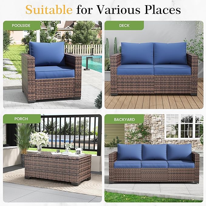 Amopatio Patio Loveseat, Outdoor Furniture 2-Seat Wicker Porch Furniture Outdoor Couch Sofa with Water-Resistant Cover & Non-Slip Cushions, Premium Patio Set, Blue