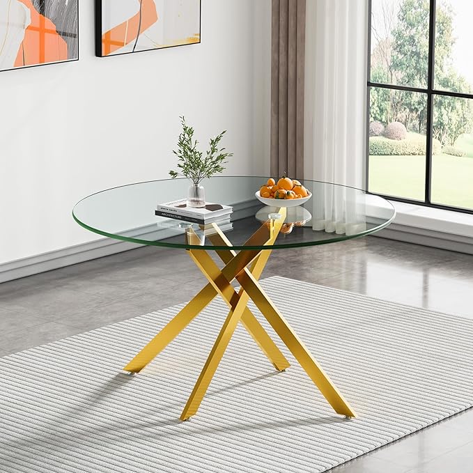 Goujxcy 5 Piece Round Glass Dining Table Set for 4, 47" Round Dining Table & Chair Set Modern Circle Glass Kitchen Table and 4 Velvet Upholstered Chairs for Kitchen Dining (Gold Table & Black Chair)