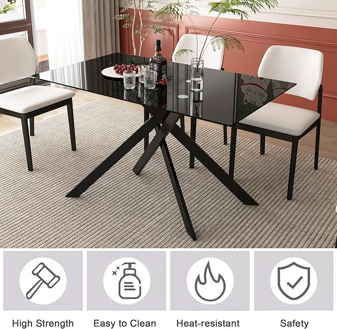 Goujxcy Modern Glass Dining Table Set for 6, Black Glass Kitchen Table and Chairs Set, 7 Piece Dining Room Table Set with 51" Rectangle Dinner Table and 6 Grey Leather Dining Chairs