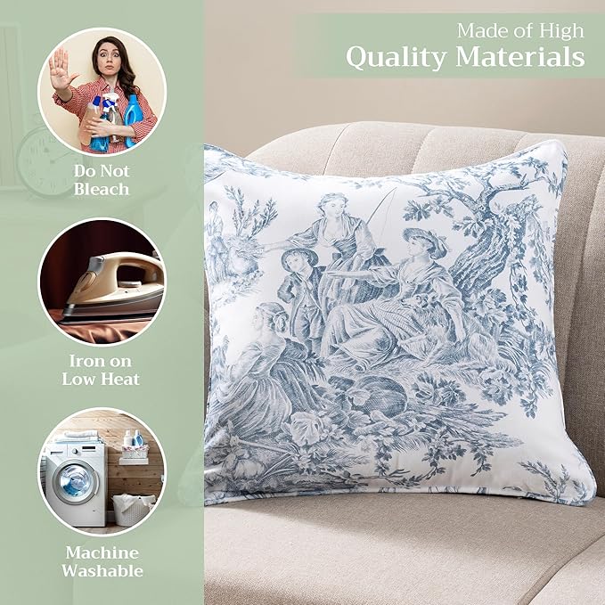 Maison d' Hermine Decorative Pillow Covers 18 x 18 Inch Square 100% Cotton Throw Pillow Covers with Invisible Zipper for Living Room Couch, Chair, Sofas, Bedroom, Home (The Miller - Blue (White))