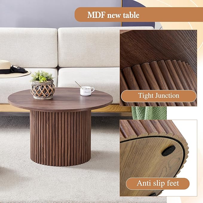 WILLIAMSPACE 27.5" Round Coffee Table with Ylindrical Leg, Modern Farmhouse Wood Circlar Center Table Accent Side End Table for Living Room Apartment, Walnut