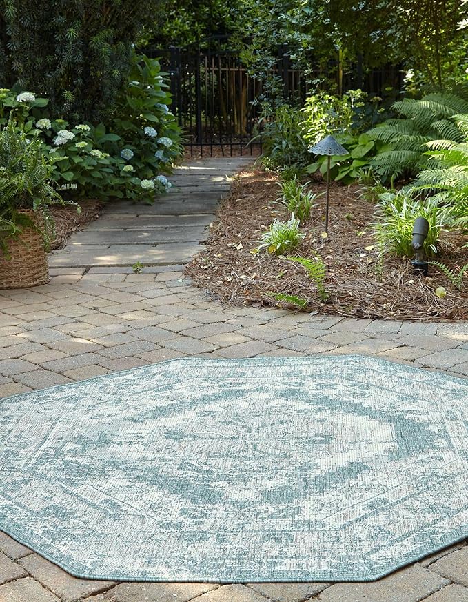 Unique Loom Outdoor Traditional Collection Area Rug - Valeria (7' 10" Octagon, Aqua/ Ivory)
