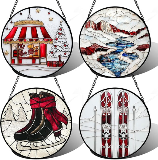 Stained Glass Window Hanging 4 Pcs Set Winter Skiing Red Christmas House Large 11.8" - Suncatcher Door Garden Sun Catcher Decor Birthday Mother's Day for Mom Woman Nana Friend