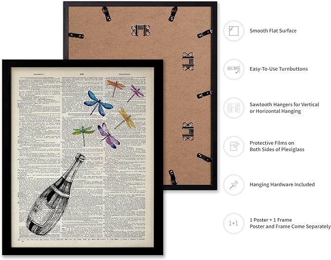 Poster Master Dictionary Art Poster - Champagne Bottle Print - Dragonfly Art - Alcohol Art - Gift for Men, Women & Bartender - Great Decor for Bar, Kitchen or Restaurant, 11x14 Black Framed