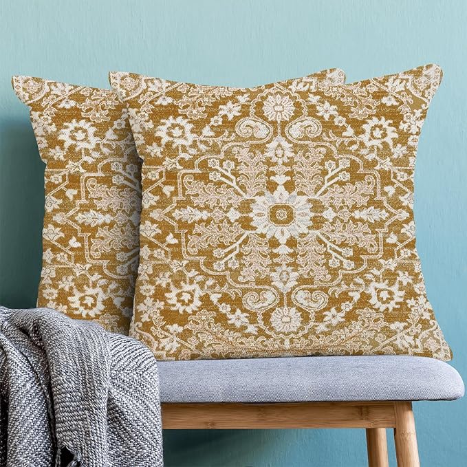 Brown White Boho Pillow Covers 18x18 Set of 2, Carpet Design Coffee Decorative Boho Throw Pillows Linen Farmhouse Bohemian Cushion Pillow Covers for Sofa Couch Outdoor Decor